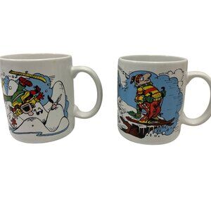 Stoneware Coffee Mugs Snow Skiing Cartoon By Paterson USA 1980s Set Of 2